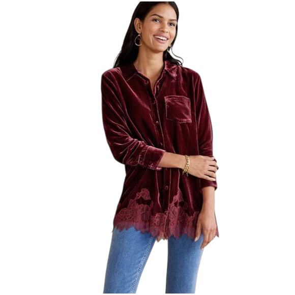 Soft Surroundings Eden Velvet and Lace Blouse in Cabernet Size M - Picture 1 of 9